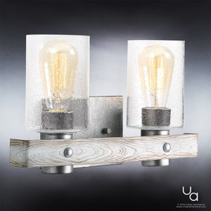 An Urban Ambiance bathroom lighting fixture with two unique glass shades and a wooden frame: the UHP2483 Modern Farmhouse Bath Fixture, 8-1/2