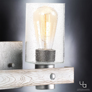 An Urban Ambiance UHP2483 Modern Farmhouse Bath Fixture with a unique lighting fixture design and a glass bulb.