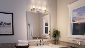A gorgeous bathroom with an Urban Ambiance UHP2485 Modern Farmhouse Bath Fixture, Adelaide Collection sink, mirror, and light fixture.