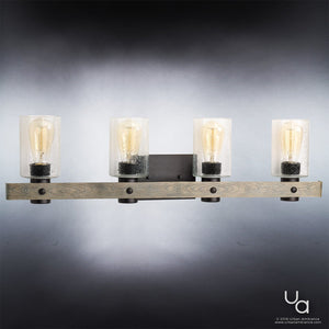 The Urban Ambiance UHP2486 Modern Farmhouse Bath Fixture from the Adelaide Collection features four exposed bulbs set within clear glass shades on a striking wood and metal frame with a charcoal finish—an ideal match for any modern farmhouse ceiling fan.