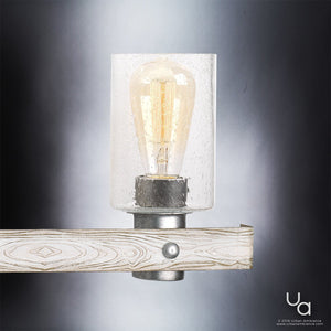 A stunning UHP2487 Modern Farmhouse Bath Fixture from the Adelaide Collection, with a unique Galvanized Steel Finish, hanging on a wooden pole.