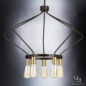 The Urban Ambiance UHP2492 Mid-Century Modern Industrial Chandelier from the Palma Collection, measuring 19-3/4 inches high by 30 inches wide, features a striking geometric design with an Olde Bronze finish and six exposed bulbs. It is showcased against a gradient gray background.
