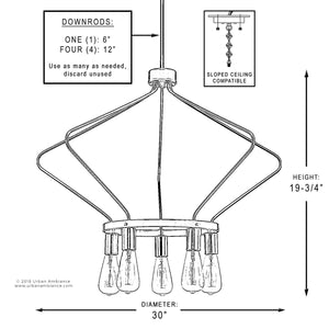 Line drawing of the Urban Ambiance UHP2492 Palma Collection chandelier showcases a five-light geometric design in an Olde Bronze finish; measures 30″ wide by 19-3/4″ high, includes five Edison bulbs, and is compatible with sloped ceilings and multiple downrod lengths.