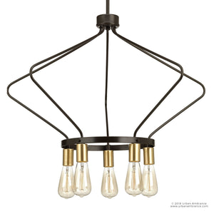 The Urban Ambiance UHP2492 Mid-Century Modern Industrial Chandelier from the Palma Collection features a striking geometric design in an Olde Bronze finish, with six exposed light bulbs and measures 19-3/4 inches high by 30 inches wide, suspended elegantly from the ceiling.