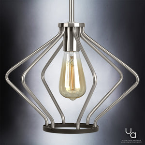 A beautiful Palma Collection pendant lamp, featuring a caged light bulb in a brushed nickel finish.