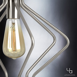 A beautiful UHP2495 Mid-Century Modern pendant with a brushed nickel finish is hanging from a metal frame.