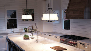 A kitchen with a large island and a beautiful UHP2497 Mid-Century Modern Industrial Chandelier / Ceiling Fixture, 13-1/4