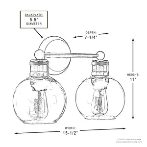 Line drawing of the UHP2500 Vintage Industrial Bath Fixture from the Belfast Collection by Urban Ambiance, featuring elegant globe glass and an Olde Bronze finish. This stylish double-globe sconce measures 15.5″ wide, 10-7/8″ high, with a depth of 7.25″ and a backplate diameter of 5.5″, showcasing two exposed bulbs visible inside the glass globes.