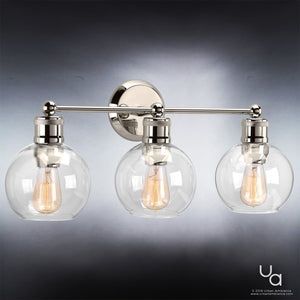 Three UHP2503 Vintage Bath Fixtures with three glass globes, offering unique luxury.