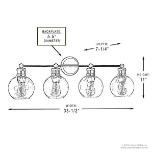 Line drawing of the Urban Ambiance UHP2504 Vintage Industrial Bath Fixture from the Belfast Collection, featuring four globe glass bulbs in an Olde Bronze finish; labeled dimensions: width 33-1/2″, height 10-7/8″, depth 7.25″, and backplate diameter 5.5″.