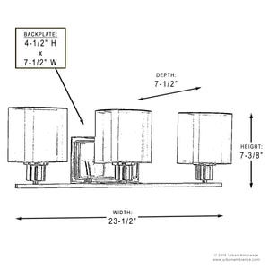 Technical drawing of the Urban Ambiance UHP2513 Cosmopolitan Bathroom Vanity Light from the Tacoma Collection, featuring three lights with Mylar cylinder shades and an Olde Bronze finish. Labeled dimensions: width 23.5″, height 7.375″, depth 7.5″, and backplate 4.5″ H x 7.5″ W.