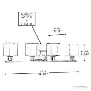 Black and white diagram of the Urban Ambiance UHP2515 Cosmopolitan Bathroom Vanity Light from the Tacoma Collection, featuring four lights with labeled dimensions: width 32.5″, height 7.375″, depth 7.5″, and a backplate measuring 4.5″ H by 7.5″ W. Includes Mylar cylinder shades and an Olde Bronze finish.