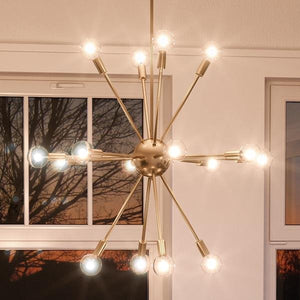 A beautiful and unique UHP2523 Modern Chandelier, hanging over a window.
