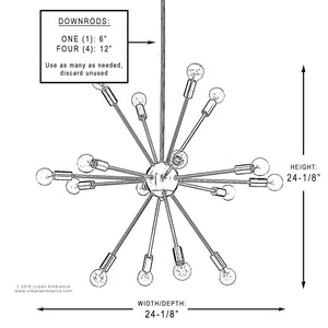 A diagram showcasing the beautiful dimensions of a UHP2523 Modern Chandelier, 25-1/2