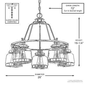 Here is a revised version of the sentence using your product data: Black and white diagram of the Urban Ambiance UHP2531 Luxe Industrial Chandelier from the Nottingham Collection, featuring six globe glass shades, a 26″ diameter, 19.25″ height, Olde Bronze finish, 72″ adjustable chain, and compatibility with sloped ceilings.