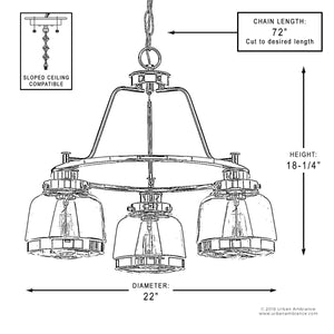 Black and white diagram of the Urban Ambiance UHP2533 Luxe Industrial Chandelier from the Nottingham Collection, featuring artisan-style glass globes. Labeled measurements: 22″ wide, 18″ high, 72″ adjustable chain, and compatible with sloped ceilings. Shown in an Olde Bronze finish.