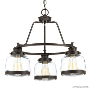 The Urban Ambiance UHP2533 Luxe Industrial Chandelier from the Nottingham Collection features artisan-style glass globes and a bronze metal frame in an Olde Bronze finish, measuring 18 inches high by 22 inches wide and suspended by a chain.