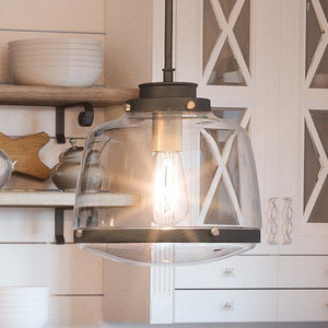 The unique UHP2535 Industrial Chic Pendant Light from the Nottingham Collection by Urban Ambiance hanging over a kitchen counter.