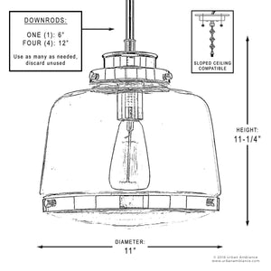 A diagram showcasing the dimensions of a luxurious UHP2535 Industrial Chic Pendant Light from the Nottingham Collection by Urban Ambiance.