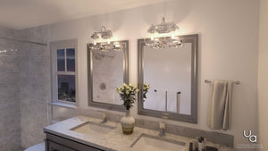 A gorgeous rendering of a luxury bathroom with two sinks and a mirror, featuring the Urban Ambiance UHP2536 Industrial Chic Bathroom Vanity Light from the Nottingham Collection.
