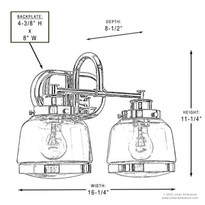 Black and white diagram of the Urban Ambiance UHP2537 Luxe Industrial Bathroom Vanity Light from the Nottingham Collection, showcasing vintage metal fittings. The labeled dimensions are: backplate 4-3/8″ x 8″, depth 8-1/2″, height 11.25″, and width 16.25″. This schoolhouse-style bath light is presented in a sophisticated Olde Bronze finish.