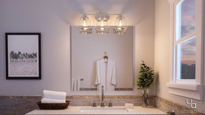 A beautiful bathroom with a UHP2538 Industrial Chic Bathroom Vanity Light from the Nottingham Collection by Urban Ambiance, sink, mirror, towels and a window.