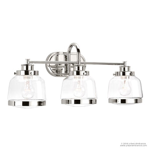 Three UHP2538 Industrial Chic Bathroom Vanity Light with clear glass shades from Urban Ambiance - luxury lighting fixture.