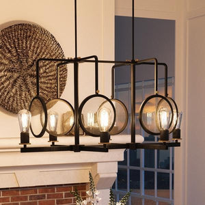 A beautiful UHP2561 Art Deco Industrial Chandelier, 18-1/4"H x 36-3/4"W, Olde Bronze Finish from the Rennes Collection by Urban