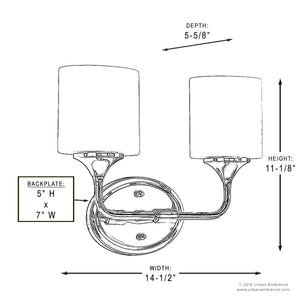 Line drawing of the Urban Ambiance UHP2570 Contemporary Bathroom Vanity Light from the Coventry Collection, measuring 14.5″ wide, 11.125″ high, and 5.625″ deep, with a 5″ x 7″ backplate. Features two cylindrical etched opal glass shades and a polished chrome finish—ideal as a modern bath light fixture.