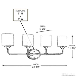 Line drawing of the Urban Ambiance UHP2572 Contemporary Bathroom Vanity Light from the Coventry Collection: a four-light wall sconce featuring etched opal glass shades and a polished chrome finish. Labeled measurements include backplate (5″H x 7″W), total width (33.25″), height (11.125″), and depth (5-5/8″).