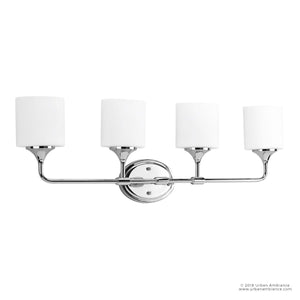 The UHP2572 Contemporary Bathroom Vanity Light from the Coventry Collection by Urban Ambiance features four white cylindrical lampshades crafted from etched opal glass, mounted on a round base with two horizontal arms in a polished chrome finish. Measuring 11.125″ high by 33.25″ wide, this modern wall sconce is perfect for contemporary bathrooms, combining sleek design with elegant illumination.