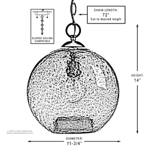 Black and white diagram of the Urban Ambiance UHP2580 Vintage Pendant from the Birmingham Collection, featuring a charcoal finish, 14″ height, 11-3/4″ width, and a 72″ adjustable chain; vintage-inspired lighting designed for sloped ceiling compatibility.