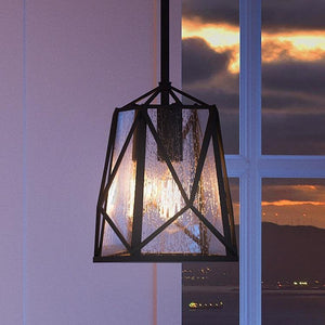 A unique UHP2594 Modern Pendant Light, 9-1/4" x 7-3/4", Charcoal Finish, Seattle Collection luxury lamp hanging over a window with a view