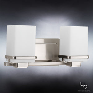 A unique UHP2600 Transitional Bathroom Vanity Light fixture with two glass shades by Urban Ambiance.