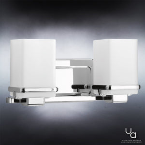 The Urban Ambiance UHP2601 Transitional Bathroom Vanity Light from the Modena Collection features two rectangular etched opal glass shades and a polished chrome finish, shown elegantly mounted against a gradient background.