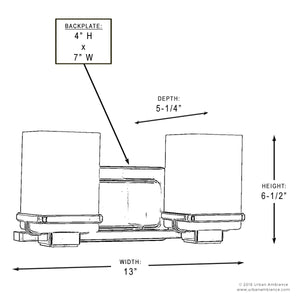 Line drawing of the Urban Ambiance UHP2601 Transitional Bathroom Vanity Light from the Modena Collection, showcasing a modern two-light design with sleek lines. Dimensions are 6.5″ high, 13″ wide, and 5.25″ deep, with a backplate measuring 4″ high by 7″ wide. Finished in polished chrome and featuring etched opal glass shades, this fixture adds a contemporary touch to any space.