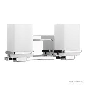 The UHP2601 Transitional Bathroom Vanity Light from the Modena Collection by Urban Ambiance is a modern, wall-mounted fixture featuring two rectangular shades made of etched opal glass and a polished chrome finish. Shown against a plain white background, this piece measures 6.5″ high by 13″ wide.