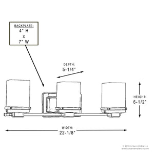 Line drawing of the Urban Ambiance UHP2603 Transitional Bathroom Vanity Light from the Modena Collection, ideal for bathroom lighting. Features clearly labeled dimensions: backplate 4″H x 7″W, overall width 22-1/8″, height 6-1/2″, and depth 5-1/4″. Finished in polished chrome with opal glass cylinders for a sleek and modern appearance.