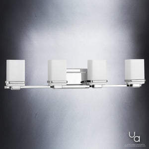 Illuminate your bathroom with the Urban Ambiance UHP2605 Transitional Bathroom Vanity Light from the Modena Collection, featuring four frosted rectangular etched opal glass shades and a polished chrome finish—perfect for enhancing modern spaces. Measuring 6.5″ high by 31.25″ wide, this sophisticated fixture adds a contemporary touch to your bathroom lighting décor.