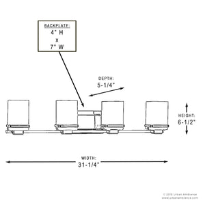 Line drawing of the Urban Ambiance UHP2605 Transitional Bathroom Vanity Light from the Modena Collection, featuring four lights with labeled dimensions: width 31.25″, height 6.5″, depth 5.25″, and a backplate size of 4″ H x 7″ W. Showcased in a polished chrome finish with etched opal glass shades for a touch of modern bathroom lighting style.