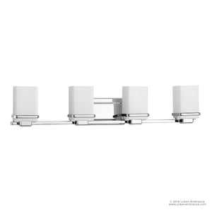 The Urban Ambiance UHP2605 Transitional Bathroom Vanity Light from the Modena Collection features a polished chrome finish and four square etched opal glass shades, making it the perfect modern wall-mounted fixture to enhance your bathroom’s lighting.