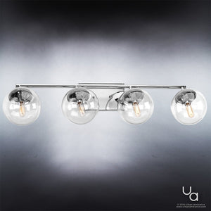 A beautiful lighting fixture with four UHP2622 Modern Bath Fixtures featuring polished chrome finish and Costa Mesa Collection glass globes.