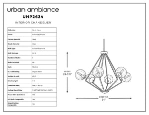 Line drawing of the Urban Ambiance UHP2624 Modern Chandelier from the Costa Mesa Collection, showcasing a geometric polished chrome frame with six exposed bulbs and clear glass globes. Dimensions are labeled as 24-7/8″ height and 34″ diameter. Includes technical specifications and details.