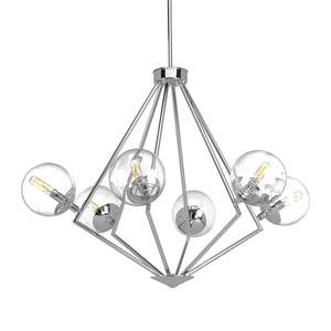 The Urban Ambiance UHP2624 Modern Chandelier from the Costa Mesa Collection showcases a geometric polished chrome metal frame with six exposed bulbs in clear glass globes and a central hanging rod, measuring 24-7/8″ x 34″.