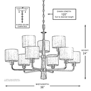 Black and white diagram of the UHP2630 XL Cosmopolitan Chandelier from the Oxford Collection by Urban Ambiance—a 12-light fixture with elegant marble accents in a Palladian Gold finish—measuring 36″ wide by 25″ high, featuring a 120″ adjustable chain and compatibility with sloped ceilings.