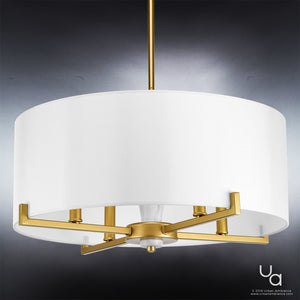 The Urban Ambiance UHP2632 Cosmopolitan Drum Chandelier from the Oxford Collection features a modern circular design with a white drum shade and elegant Palladian Gold accents, beautifully suspended against a gradient gray background. Measuring 9-5/8″ high by 22″ wide, this ceiling light fixture adds a sophisticated touch to any space.