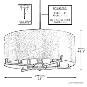 Here’s a revised version using your product data: Black and white diagram of the Urban Ambiance UHP2632 Cosmopolitan Drum Chandelier from the Oxford Collection, featuring a 22″ wide by 9-5/8″ high circular design. The fixture offers adjustable downrods for sloped ceilings, subtle marble accents, and an elegant Palladian Gold finish.
