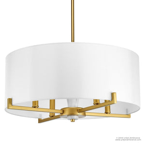 The Urban Ambiance UHP2632 Cosmopolitan Drum Chandelier from the Oxford Collection features a modern circular design with a white shade and Palladian Gold finish, elegantly suspended by a gold rod against a white background.