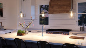 A kitchen with unique lighting fixtures featuring the Urban Ambiance UHP2640 Vintage Pendant, 9-1/2