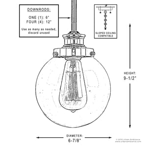 A diagram showing the dimensions of a beautiful glass globe pendant light from the Glasgow Collection by Urban Ambiance.